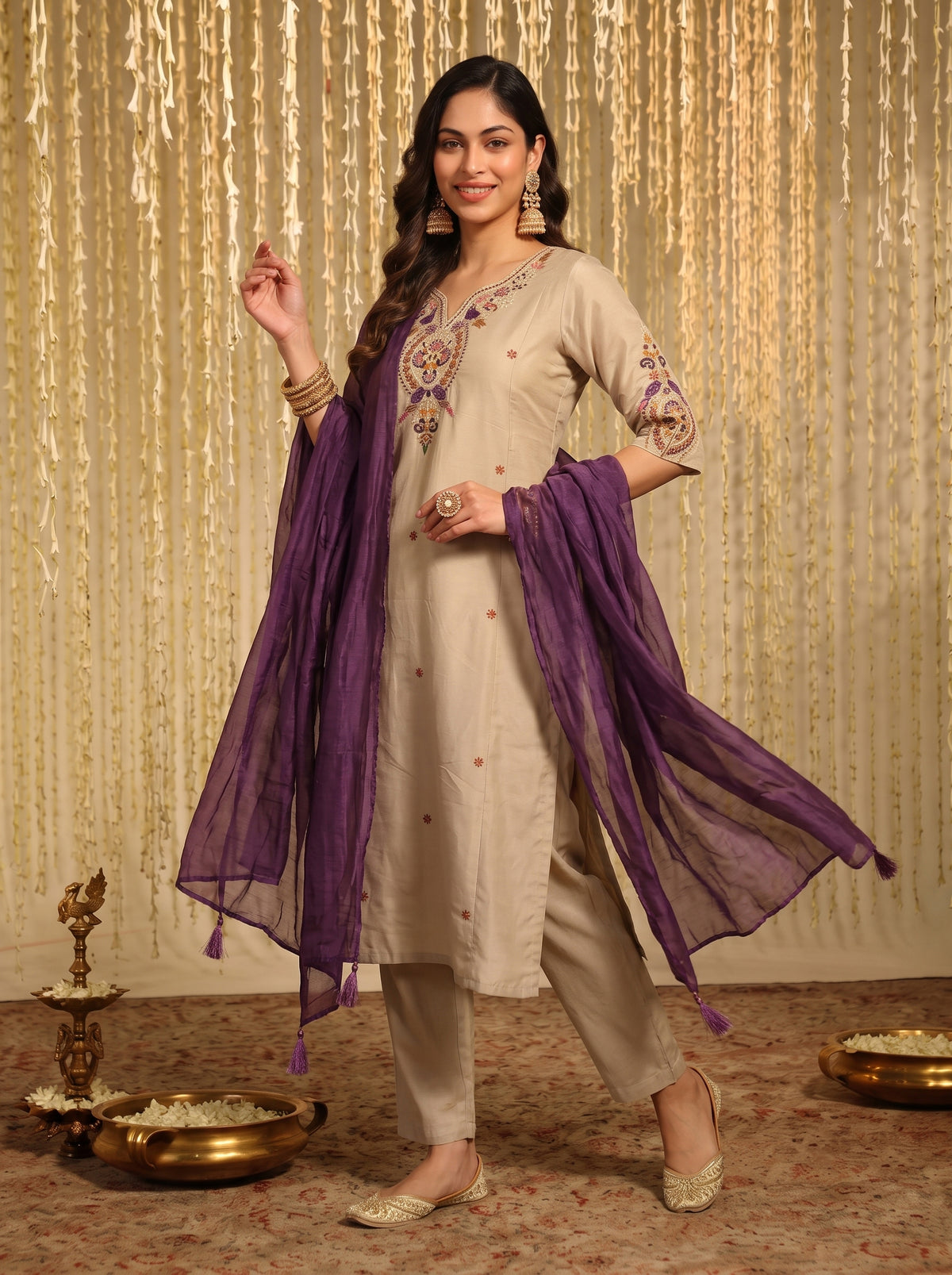 Kiyara Beige Embroidered Chanderi Suit Set