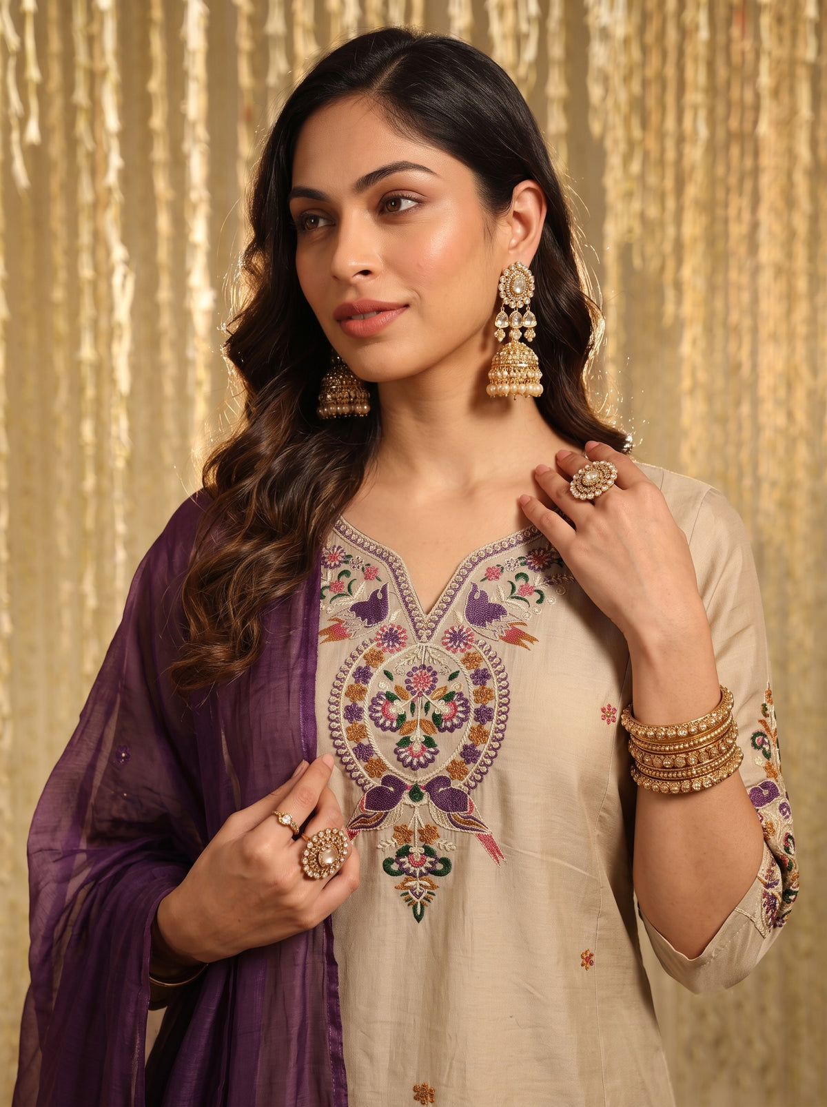 Kiyara Beige Embroidered Chanderi Suit Set