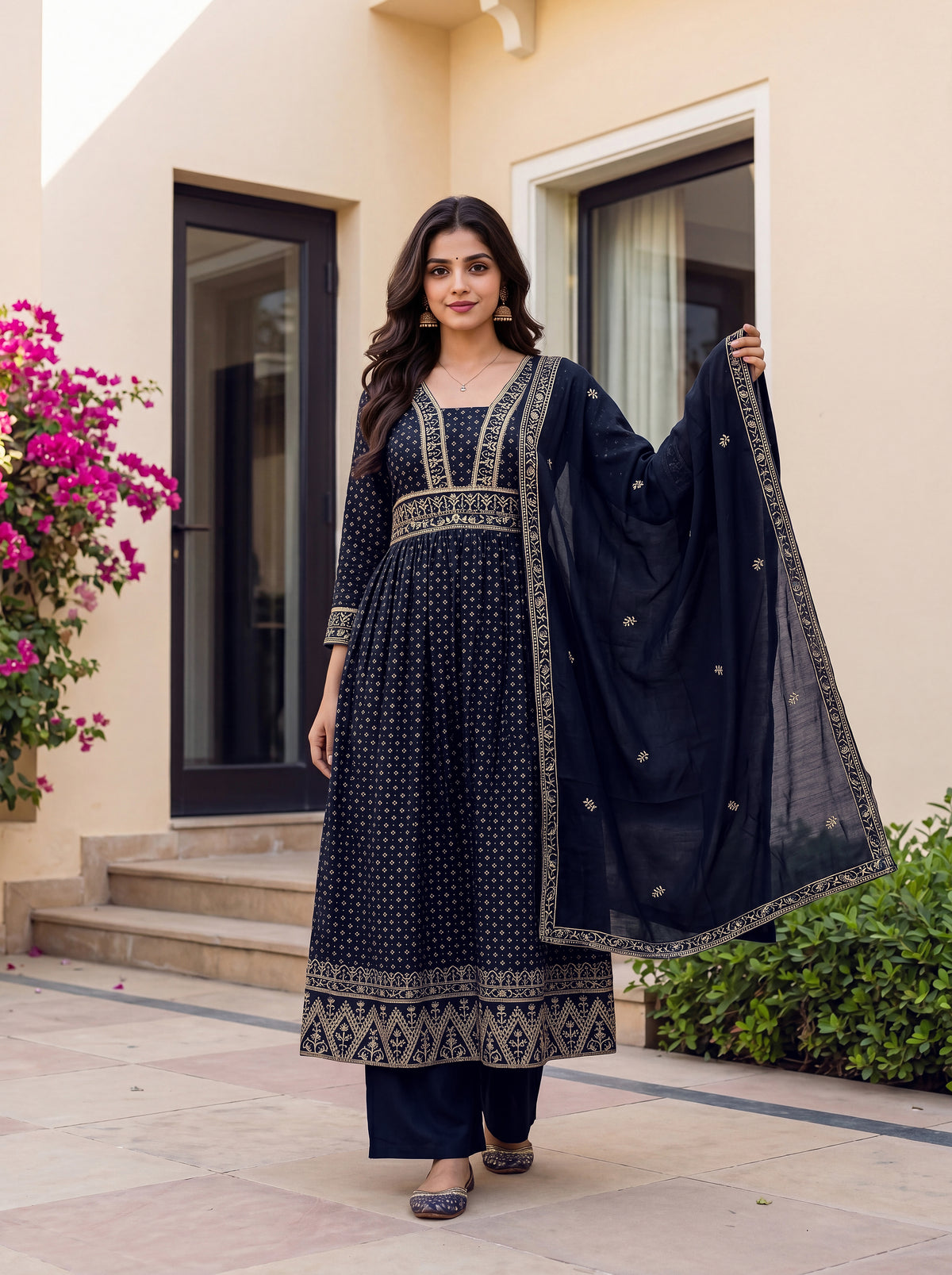 Midnight Navy Blue Embroidered Anarkali Suit Set