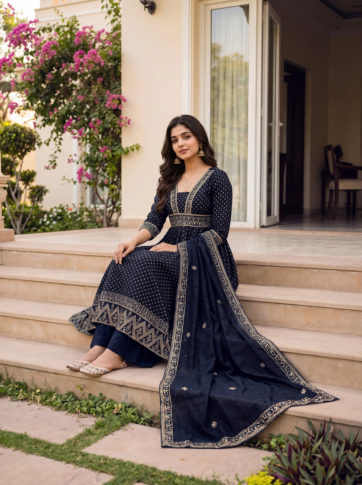 Midnight Navy Blue Embroidered Anarkali Suit Set