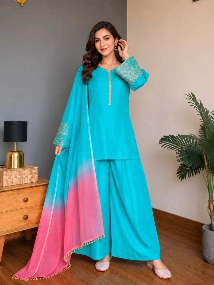 Amani Sky Blue Embroidered Suit Set
