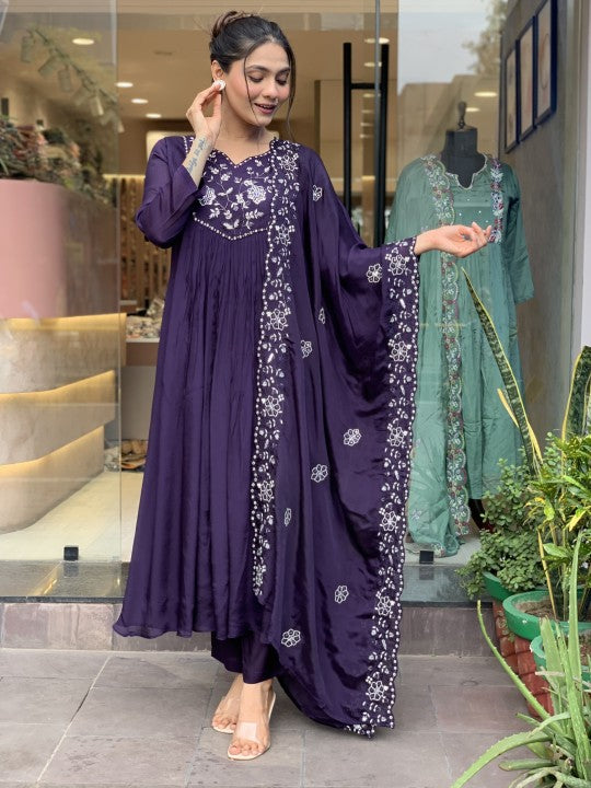 Demure Pure Chinon Embroidary Work Suit Set