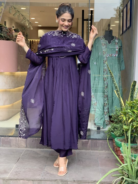 Demure Pure Chinon Embroidary Work Suit Set