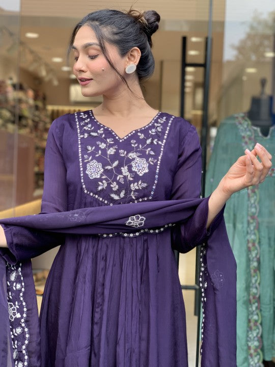 Demure Pure Chinon Embroidary Work Suit Set