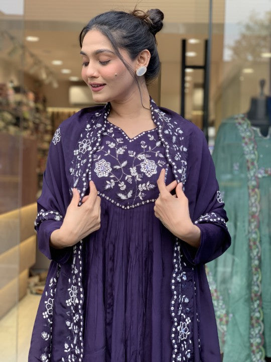 Demure Pure Chinon Embroidary Work Suit Set