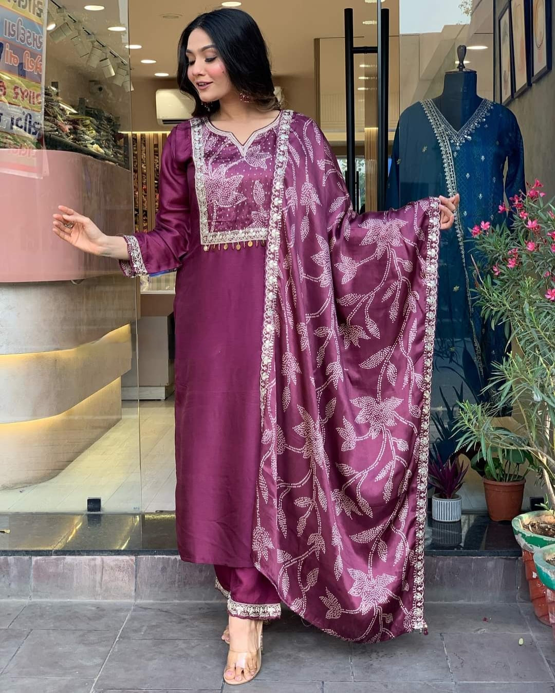 Radiant Wine Viscose Chanderi Embroidary Suit Set