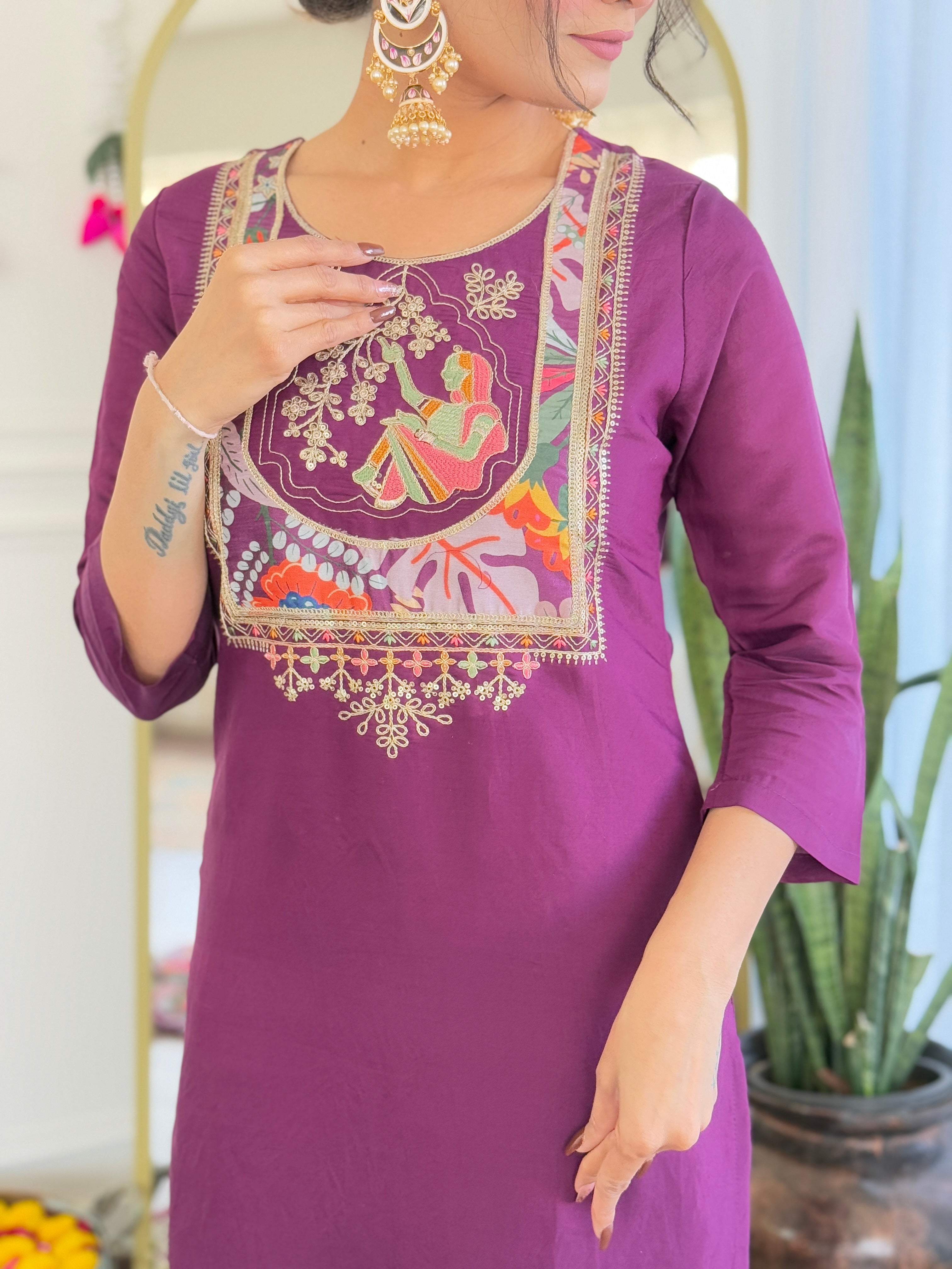 Most Beautiful Trending Wine Viscose Chanderi With Embroidary Suit Set
