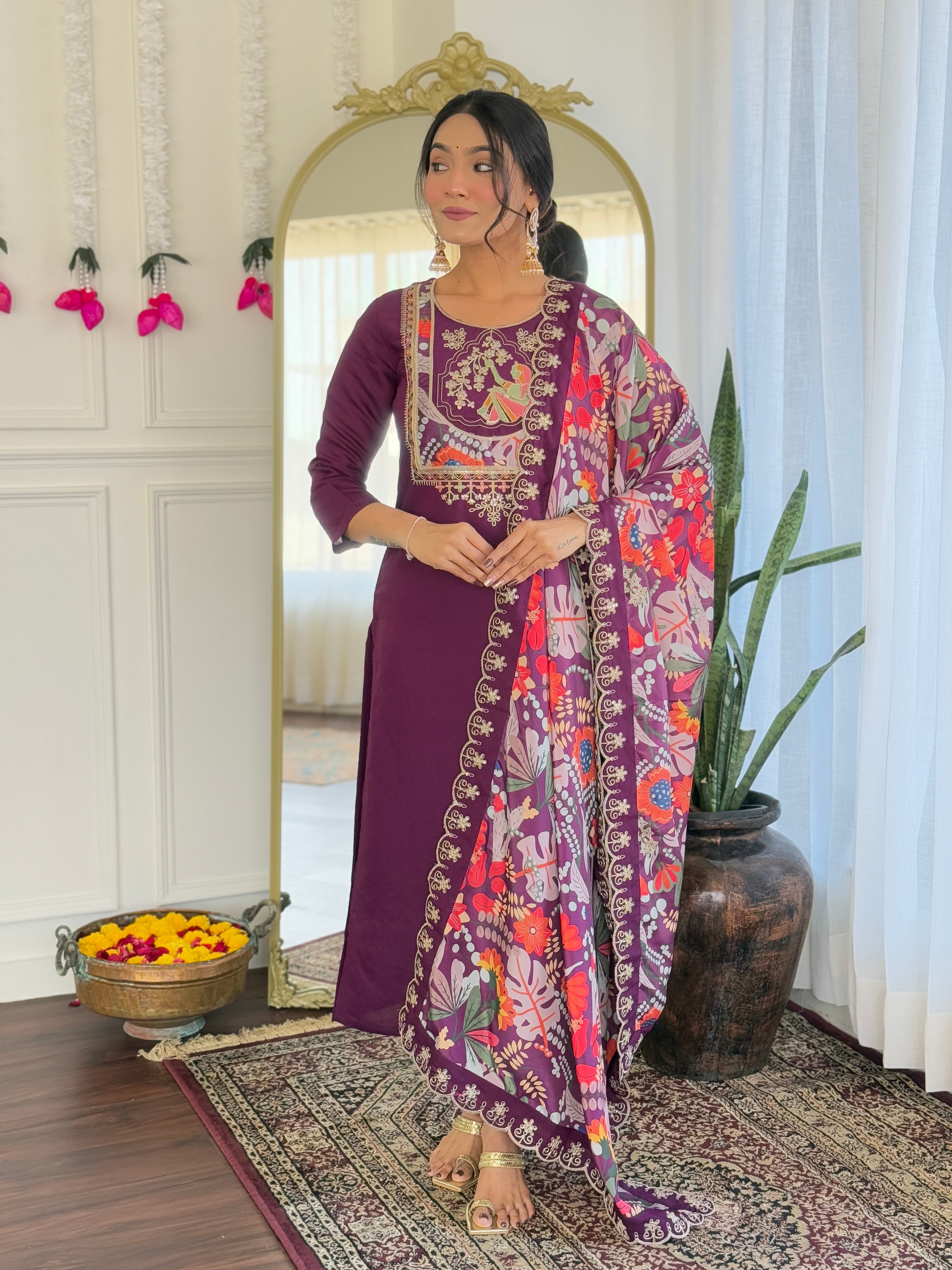 Most Beautiful Trending Wine Viscose Chanderi With Embroidary Suit Set