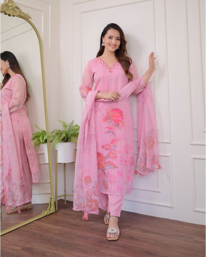 Most Beautiful Premium Organza (Taby) Suit set With Printed Dupatta