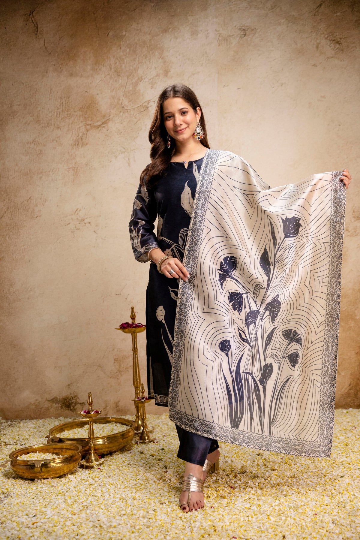 Koyal Navy Blue Floral Printed  Suit Set