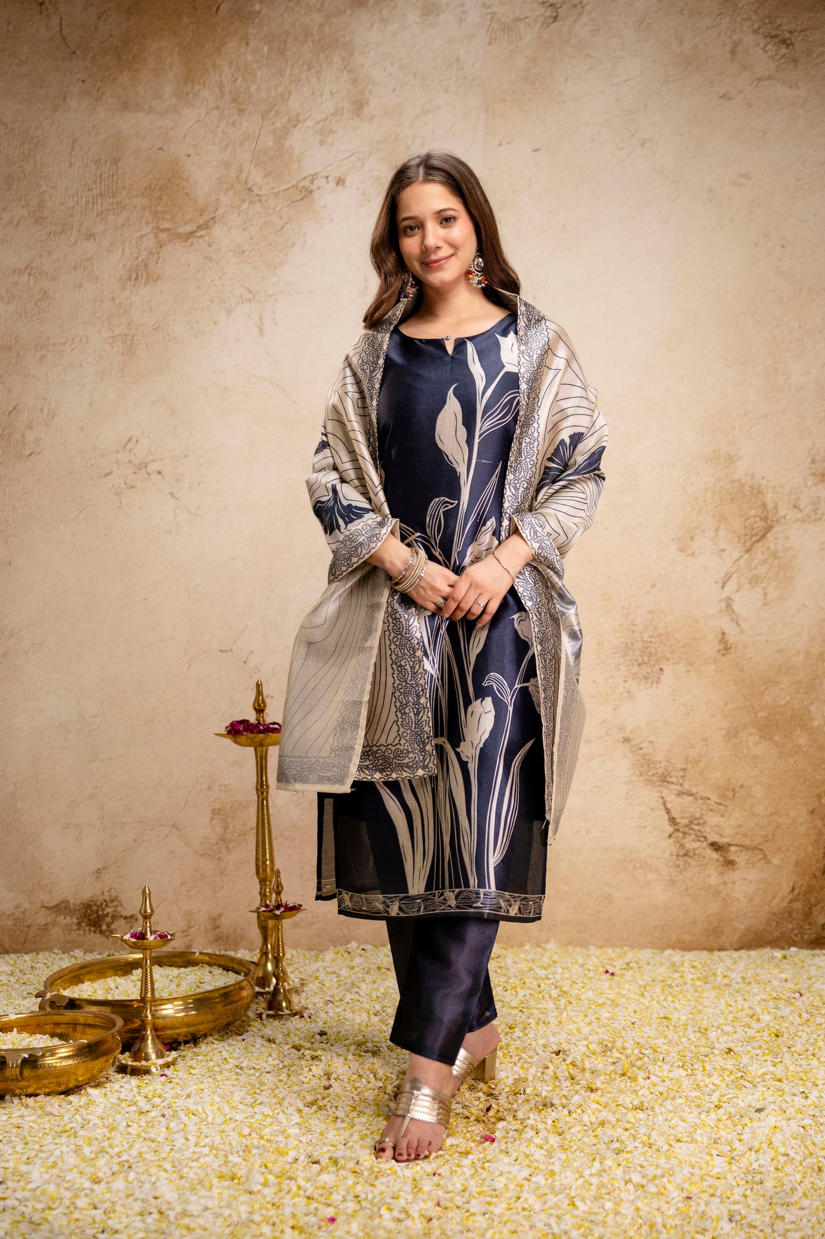 Koyal Navy Blue Floral Printed  Suit Set