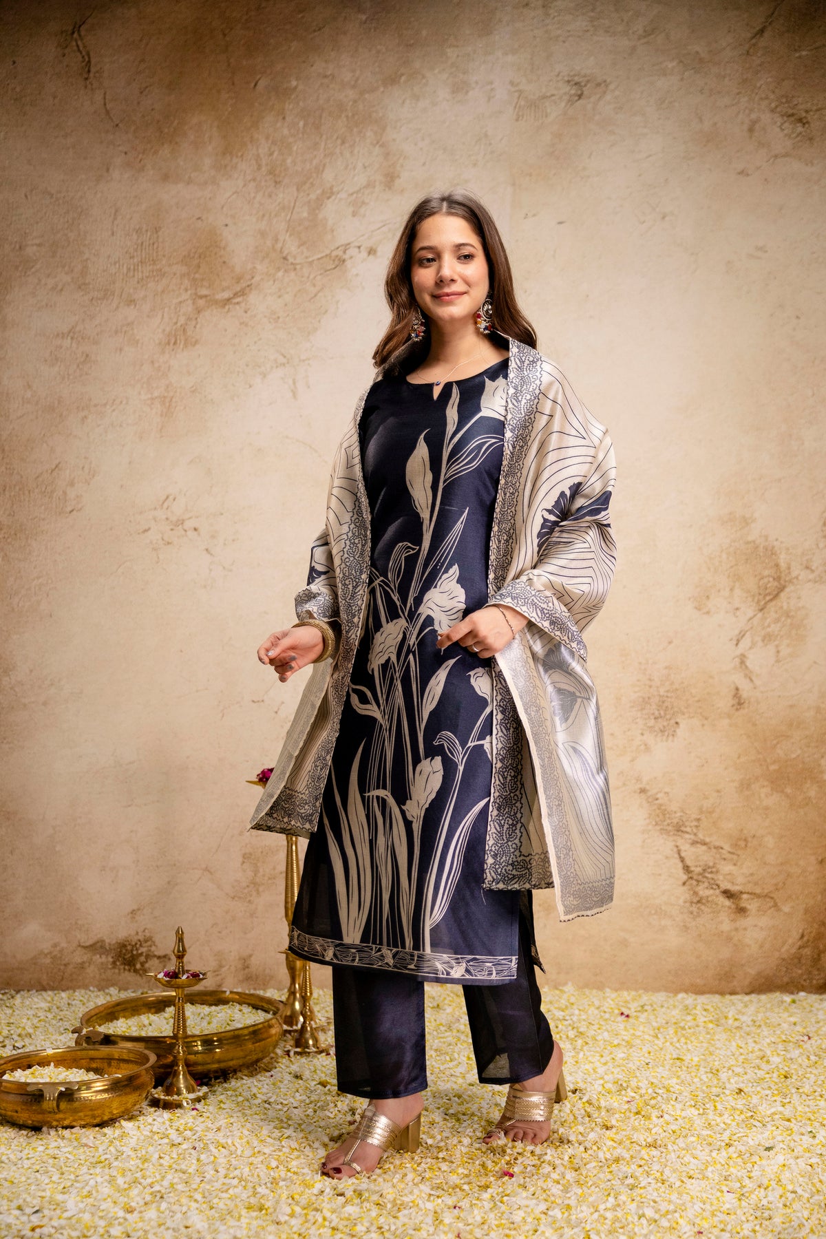 Koyal Navy Blue Floral Printed  Suit Set