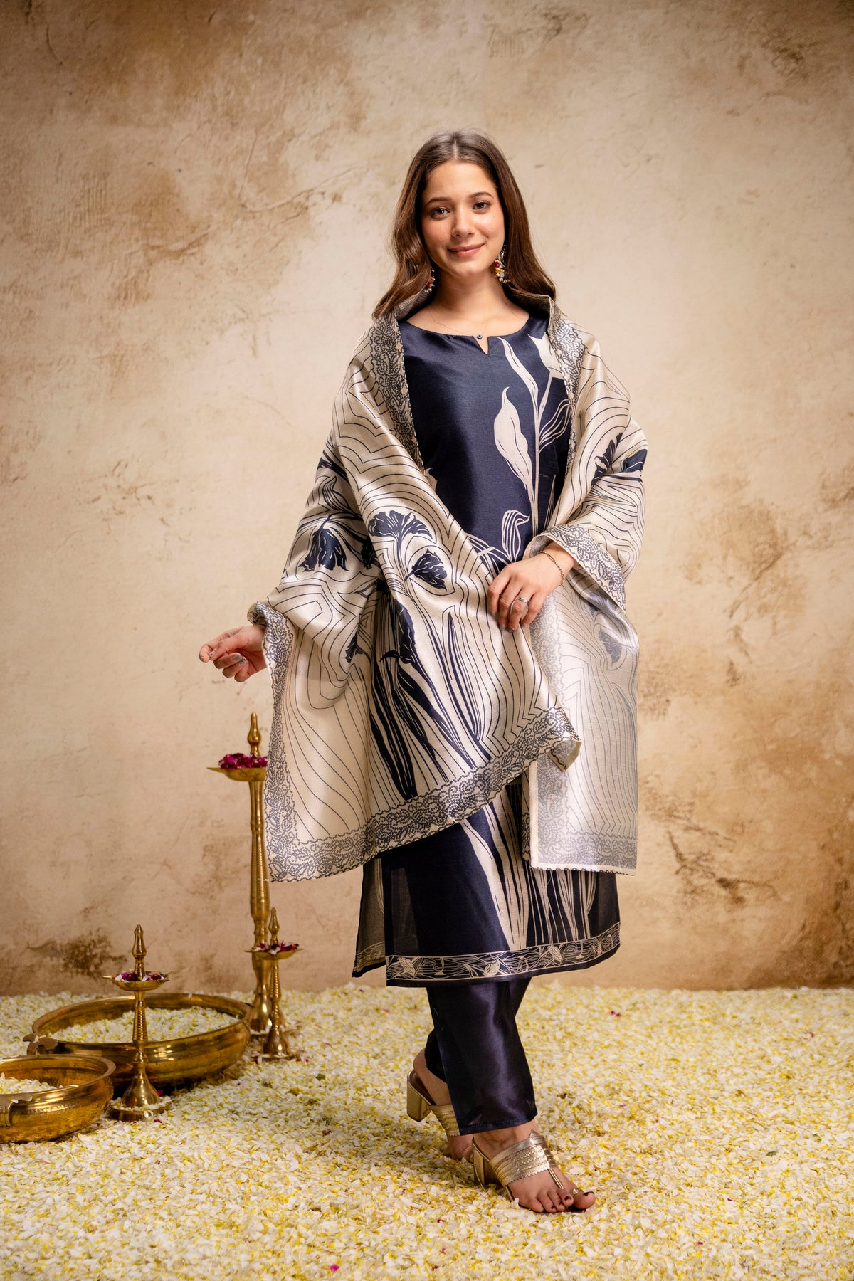 Koyal Navy Blue Floral Printed  Suit Set