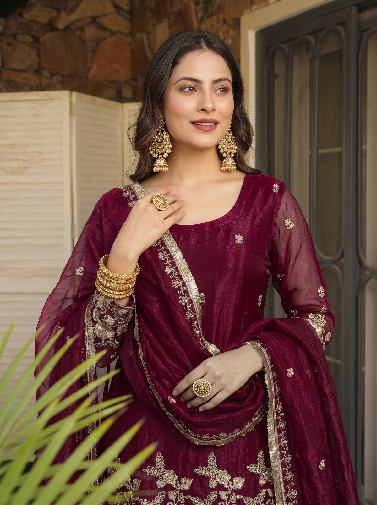 Deep Wine Scalloped Floral Embroidered Sharara Set