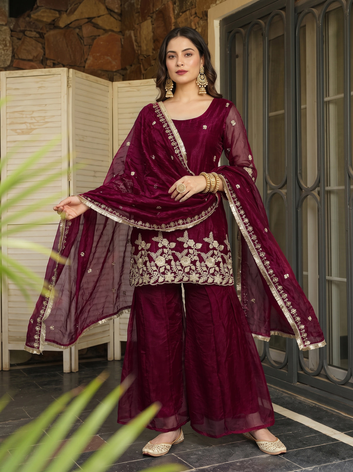 Deep Wine Scalloped Floral Embroidered Sharara Set