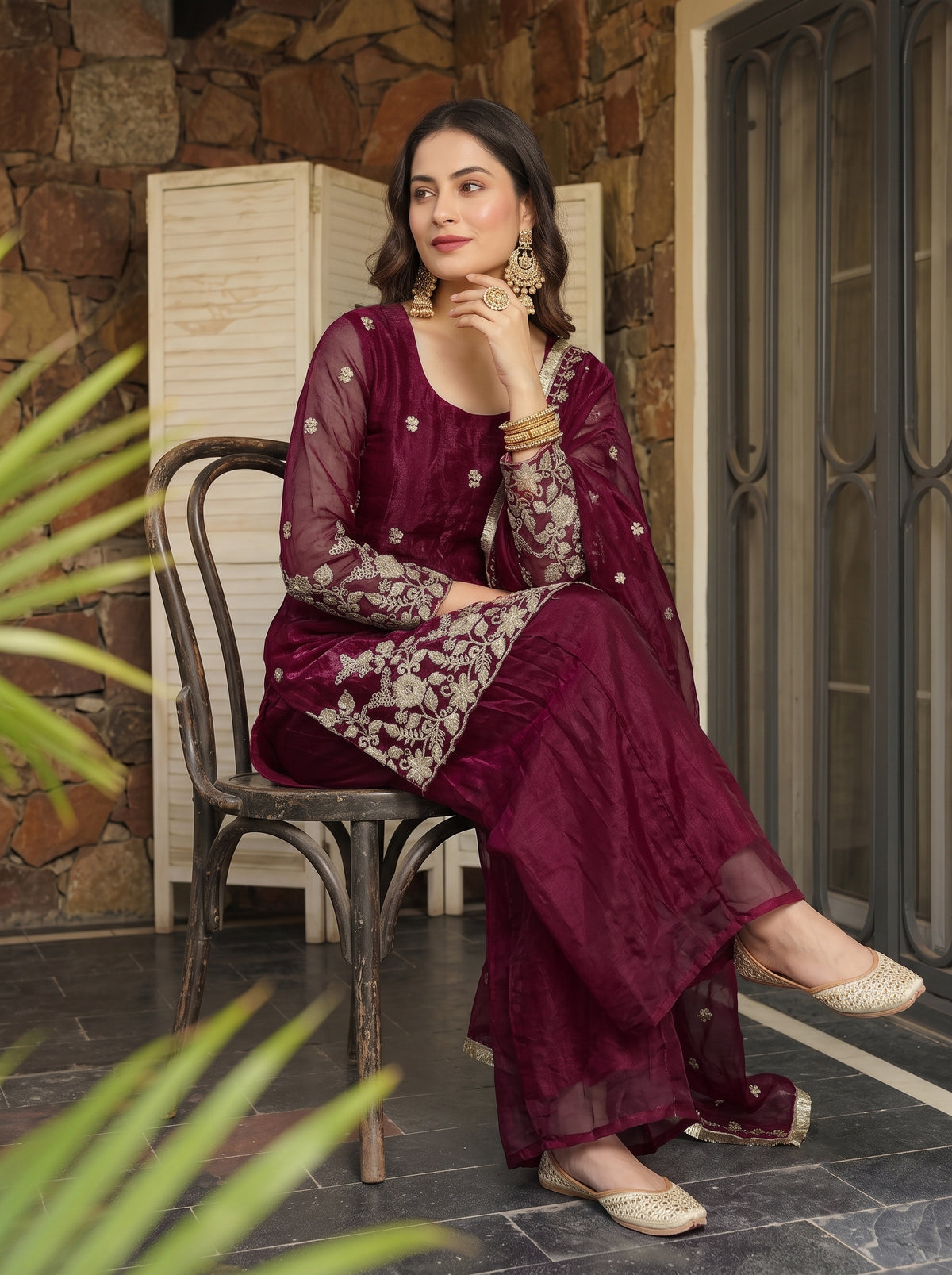 Deep Wine Scalloped Floral Embroidered Sharara Set