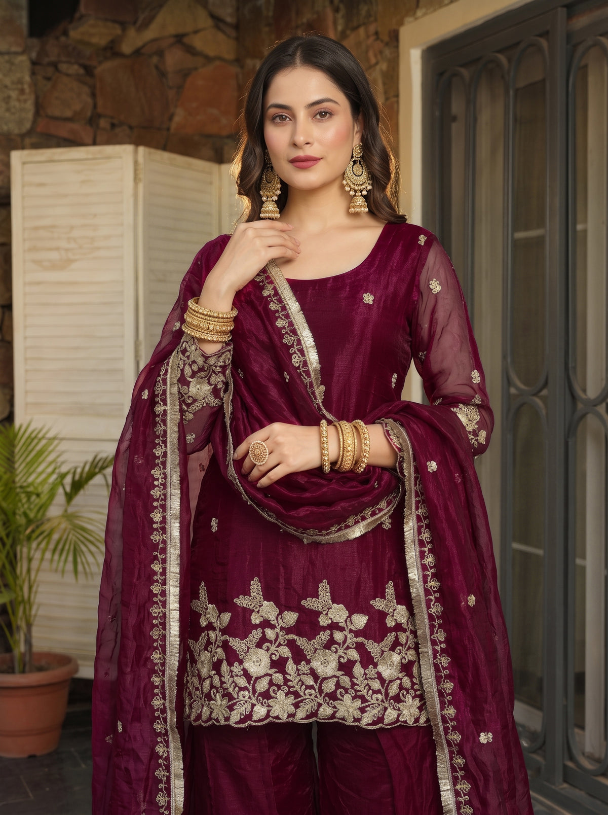 Deep Wine Scalloped Floral Embroidered Sharara Set