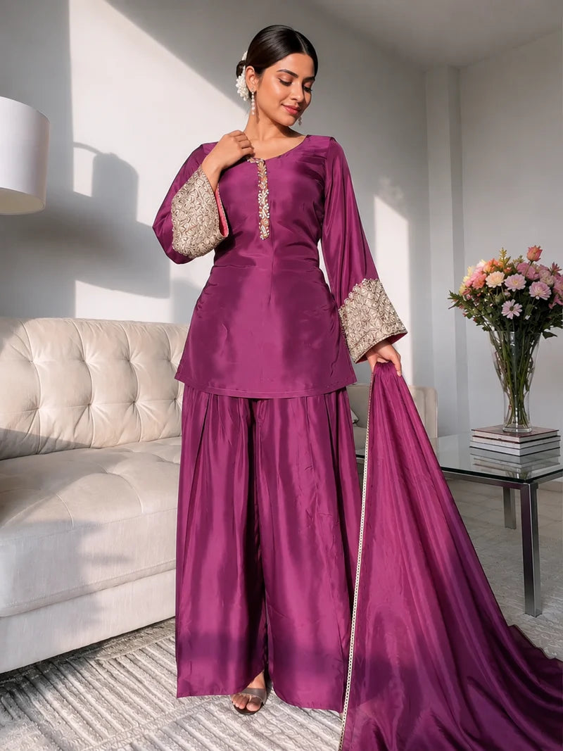 Amani Wine Embroidered Suit Set