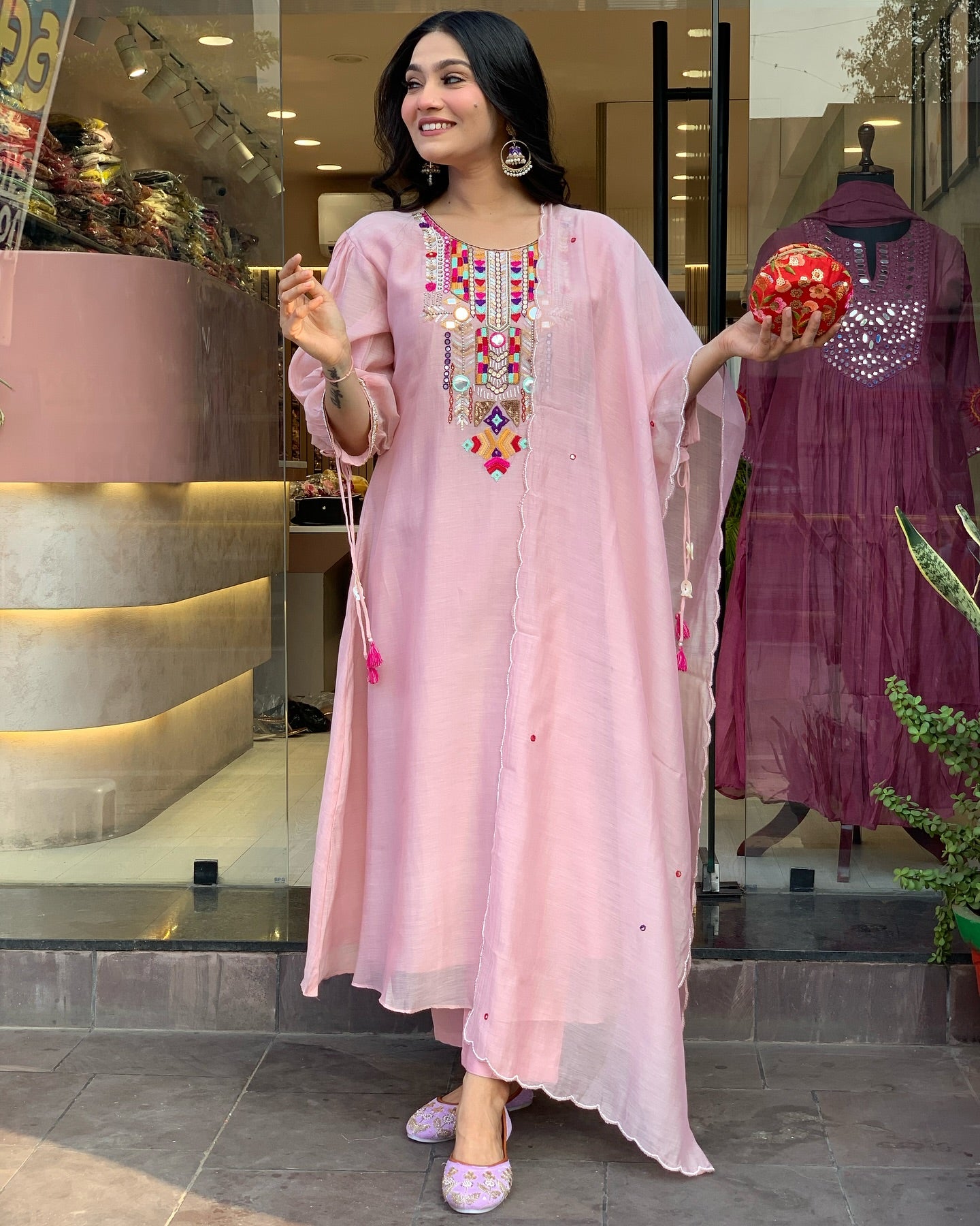Most Elegant Baby Pink Chanderi Silk Suit Set