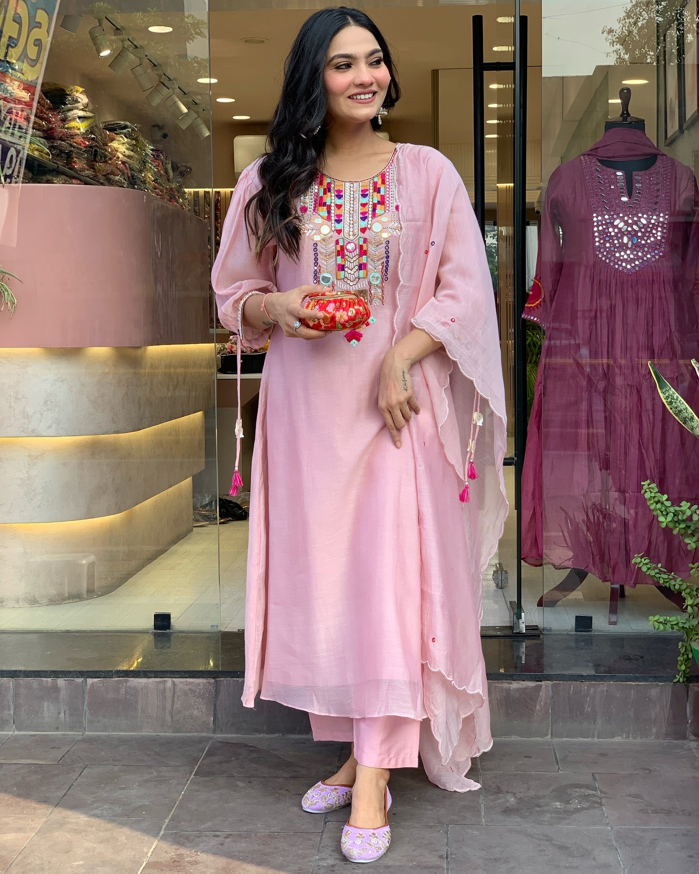 Most Elegant Baby Pink Chanderi Silk Suit Set