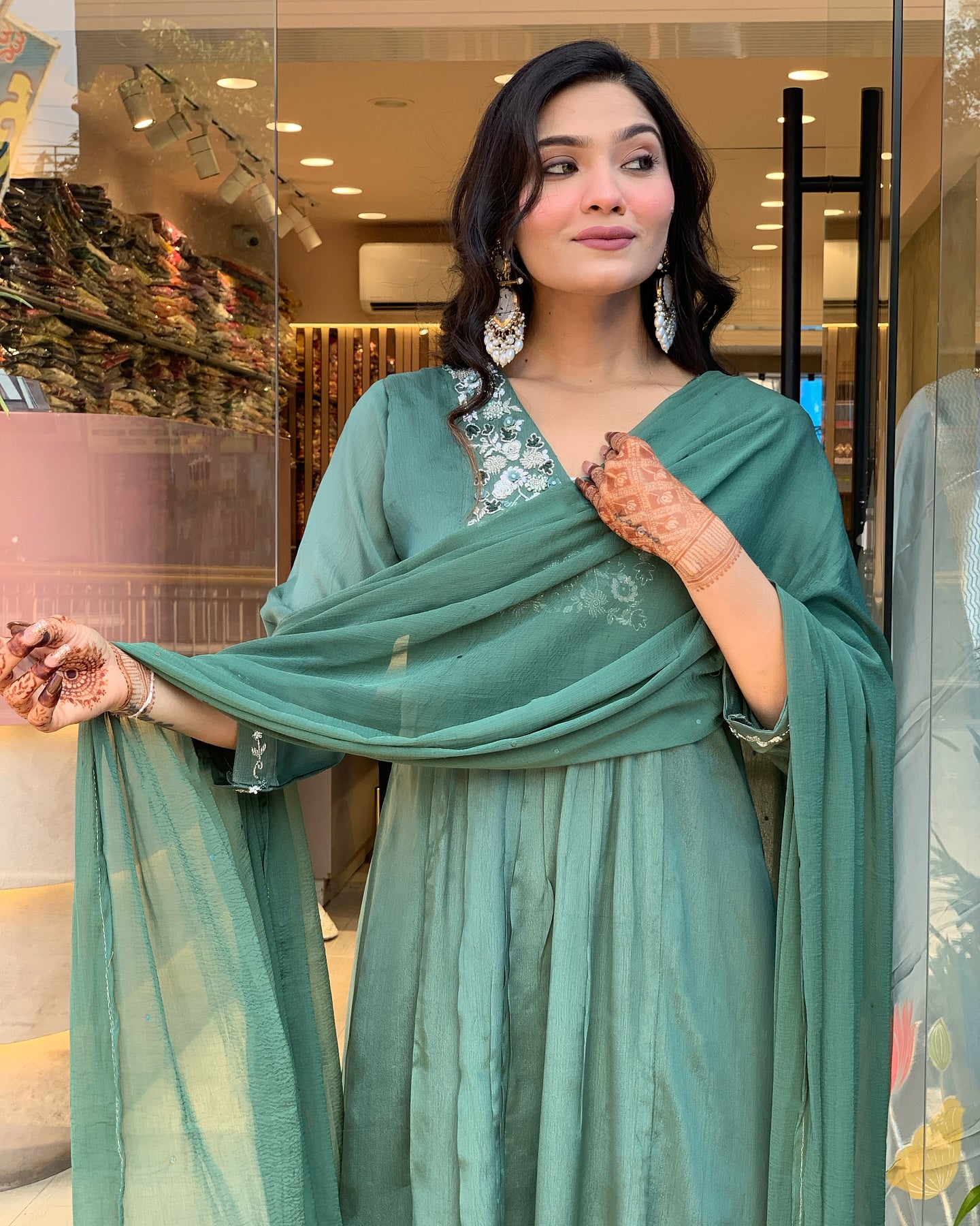 Tremendous Pastel Green Beautiful Viscose Chinon Suit Set