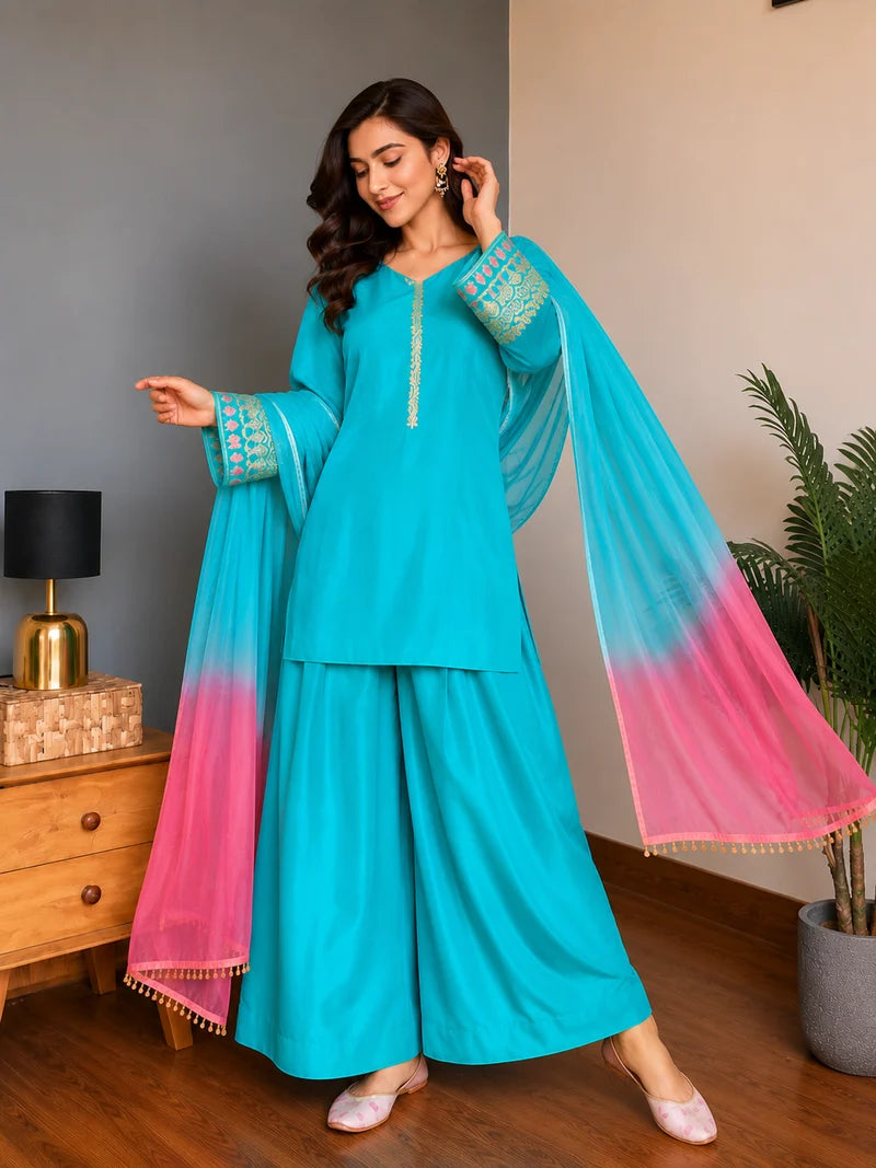 Amani Sky Blue Embroidered Suit Set