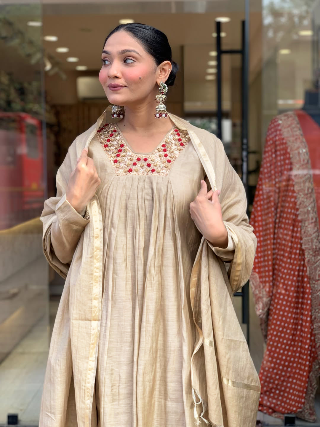 Nandini Beige & Coral Neckline Anarkali Set