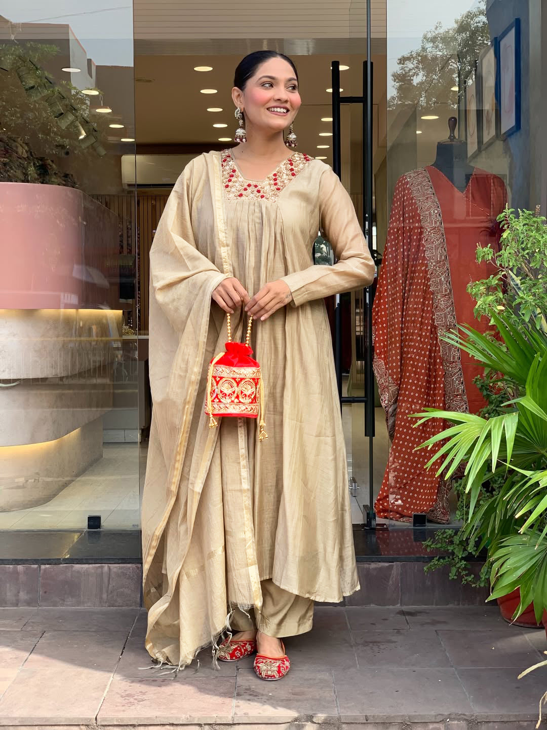 Nandini Beige & Coral Neckline Anarkali Set