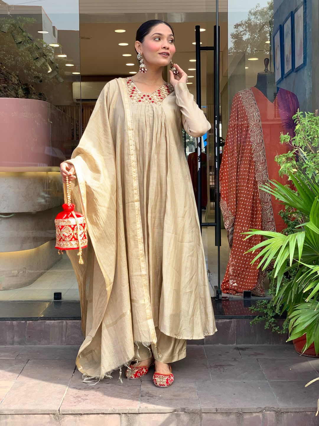 Nandini Beige & Coral Neckline Anarkali Set