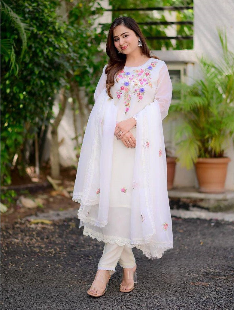 Quintessential White Beautiful Georgette Embroidary Work Suit Set