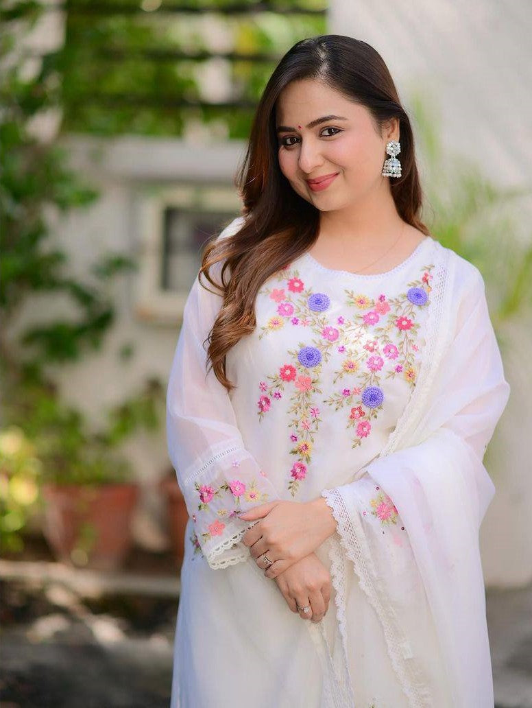 Quintessential White Beautiful Georgette Embroidary Work Suit Set