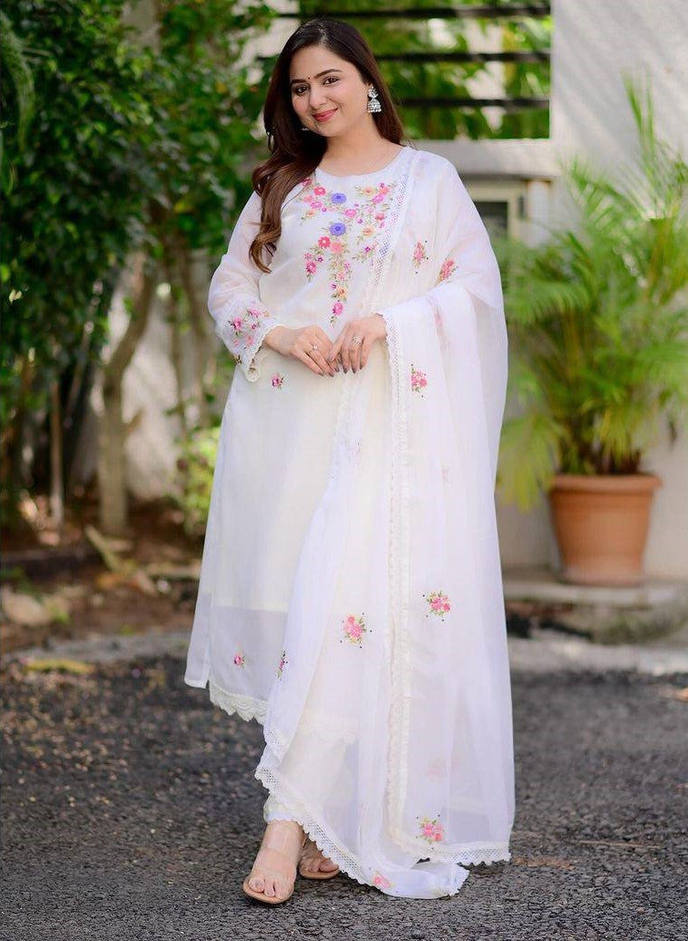 Quintessential White Beautiful Georgette Embroidary Work Suit Set