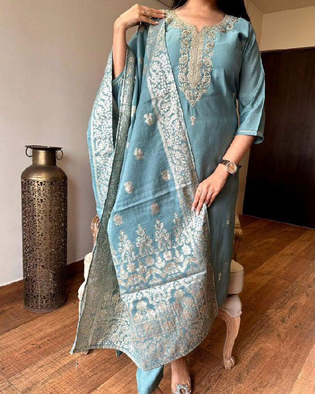 Invaluable LIght Sky Viscose Chanderi Suit Set