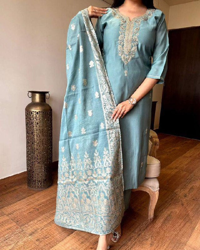 Invaluable LIght Sky Viscose Chanderi Suit Set