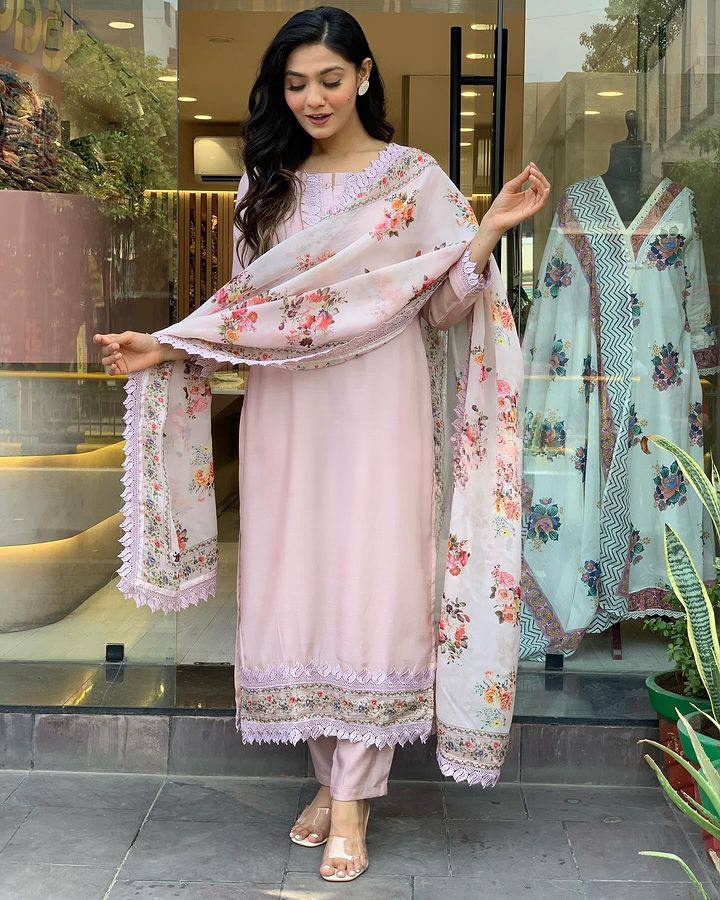Extraordinary Pure Viscose Chanderi With Embroidary Work Suit Set