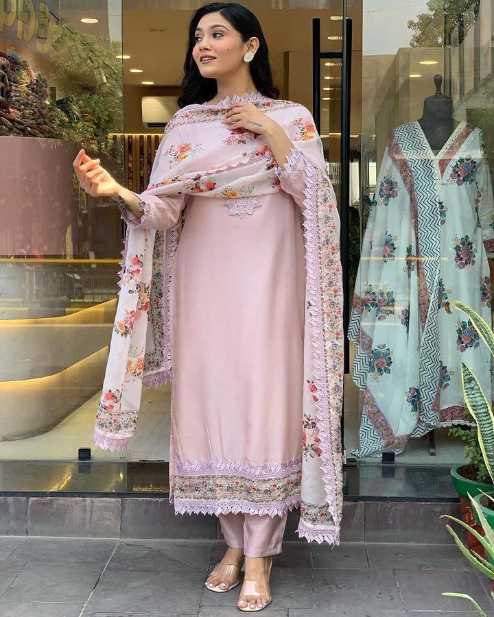 Extraordinary Pure Viscose Chanderi With Embroidary Work Suit Set