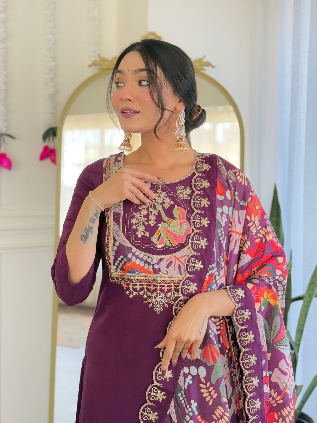 Most Beautiful Trending Wine Viscose Chanderi With Embroidary Suit Set