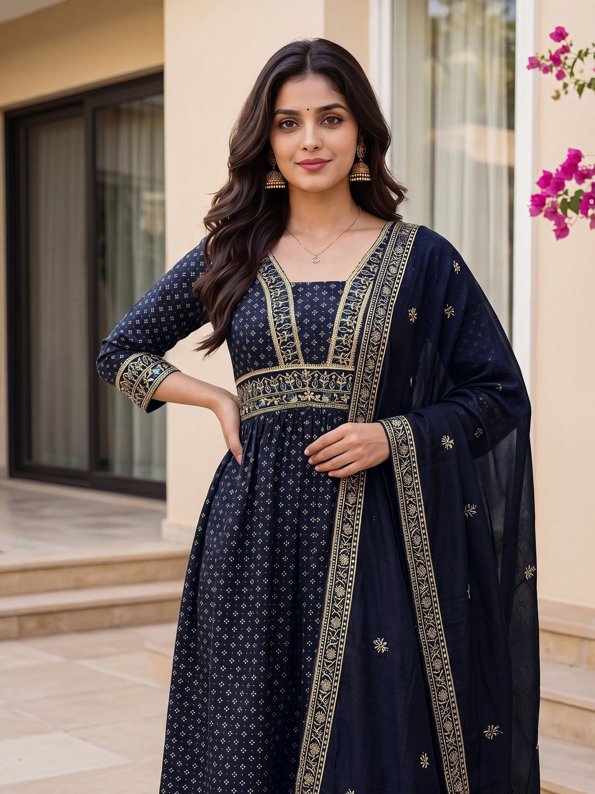Midnight Navy Blue Embroidered Anarkali Suit Set