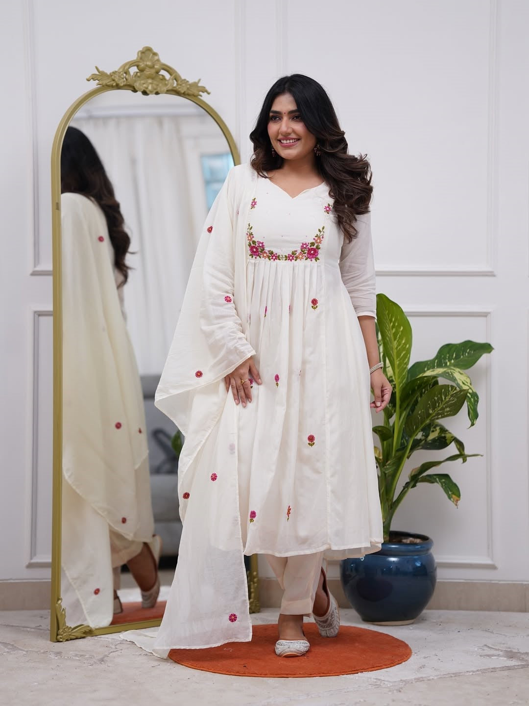 Elegant Chanderi Silk Embroidery Suit Set