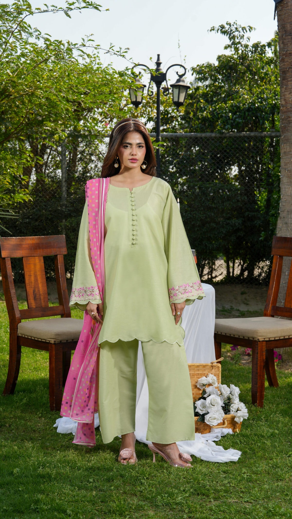 Very Attractive Roman Silk Embroidered Suit Set