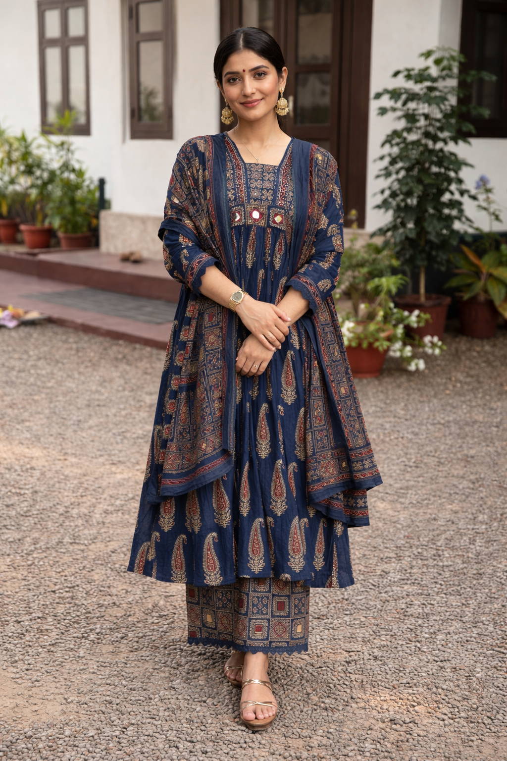 Very Graceful Pure Mul Cotton ajarakh A-Line Suit Set