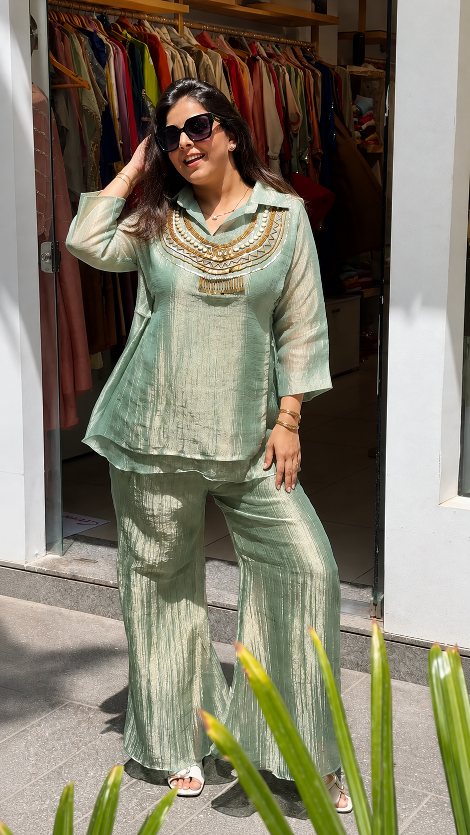 Pearl Sage Green Handwork Co-Ord Set For Festival