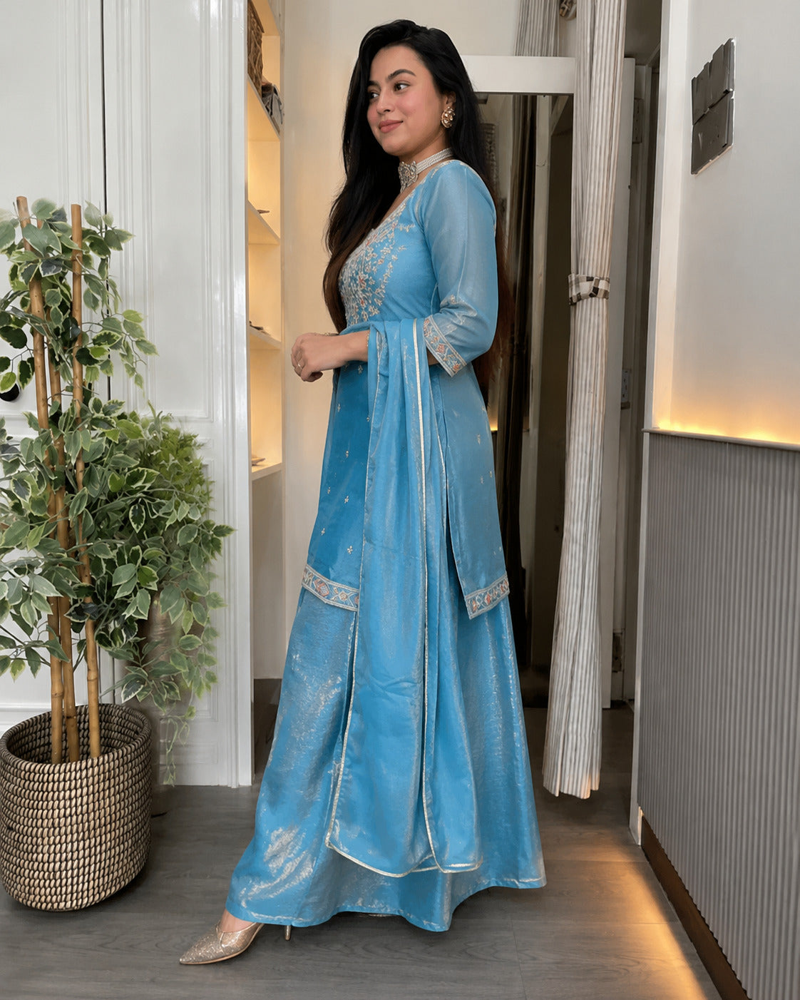 Jhanvi Sky Blue Tissue Silk Embroidered Suit Set