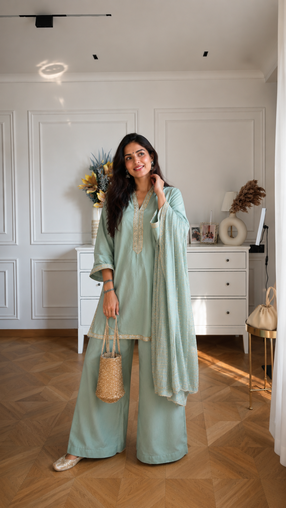 Natasa Inspired Embroidered Kurta Palazzo Set