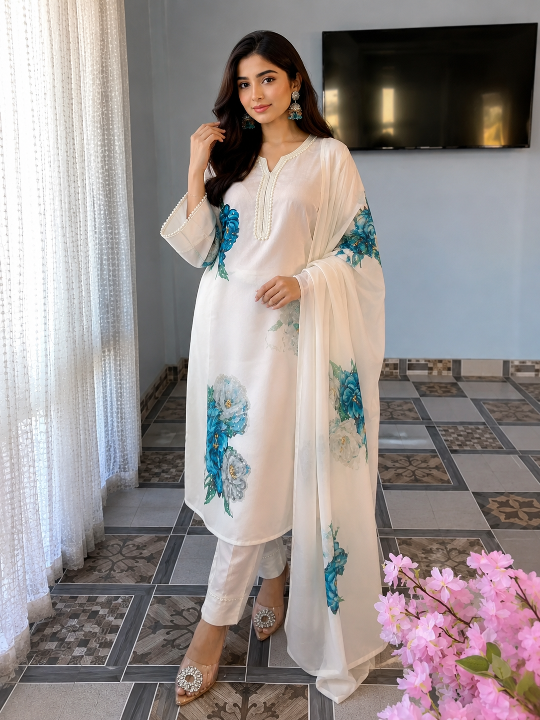 Good-Looking Linen Cotton Flower Print Suit Set