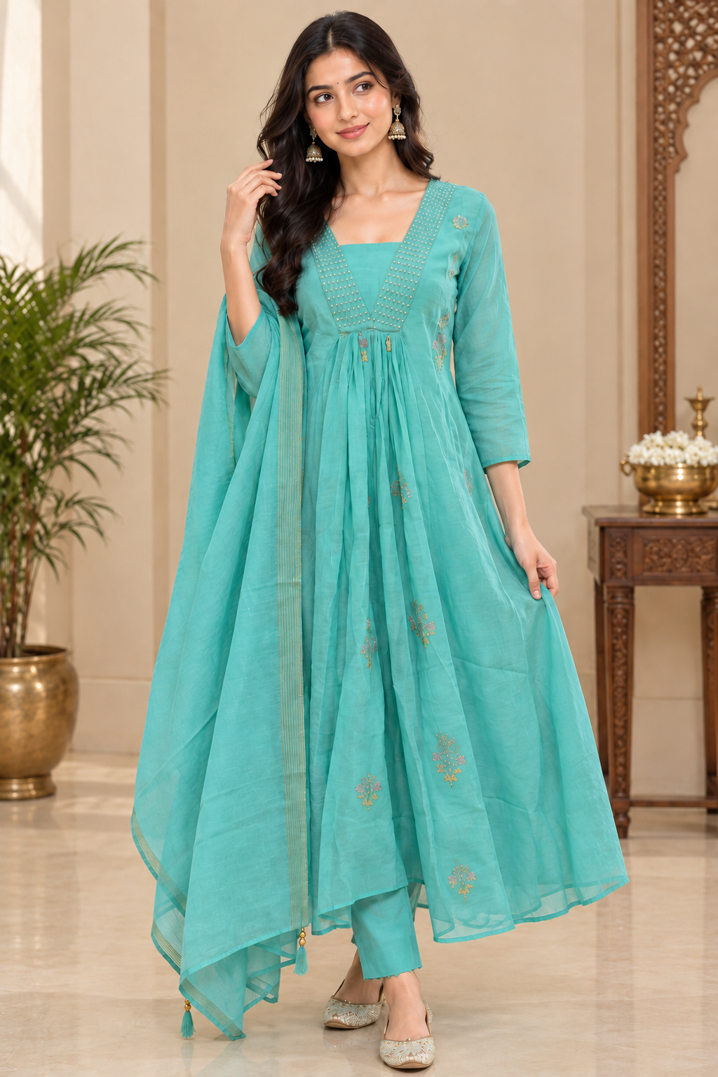 Elara Aqua Royale Anarkali Suit Set