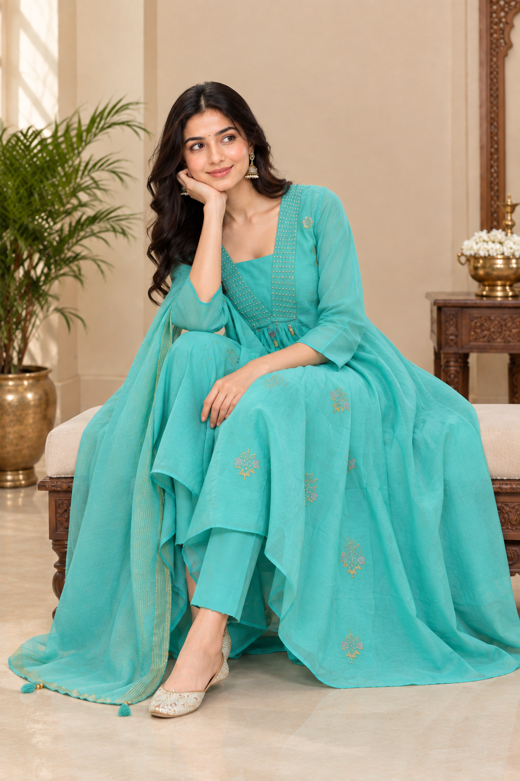 Elara Aqua Royale Anarkali Suit Set
