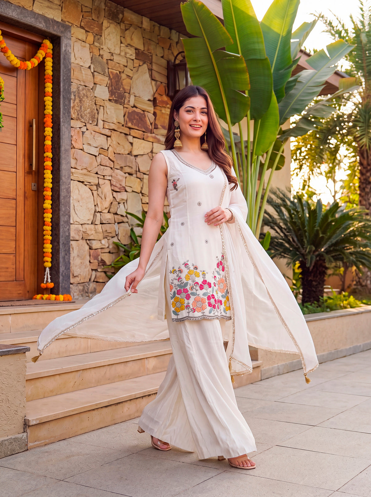 Anvi Pearl White Floral Ebroidered Suit Set