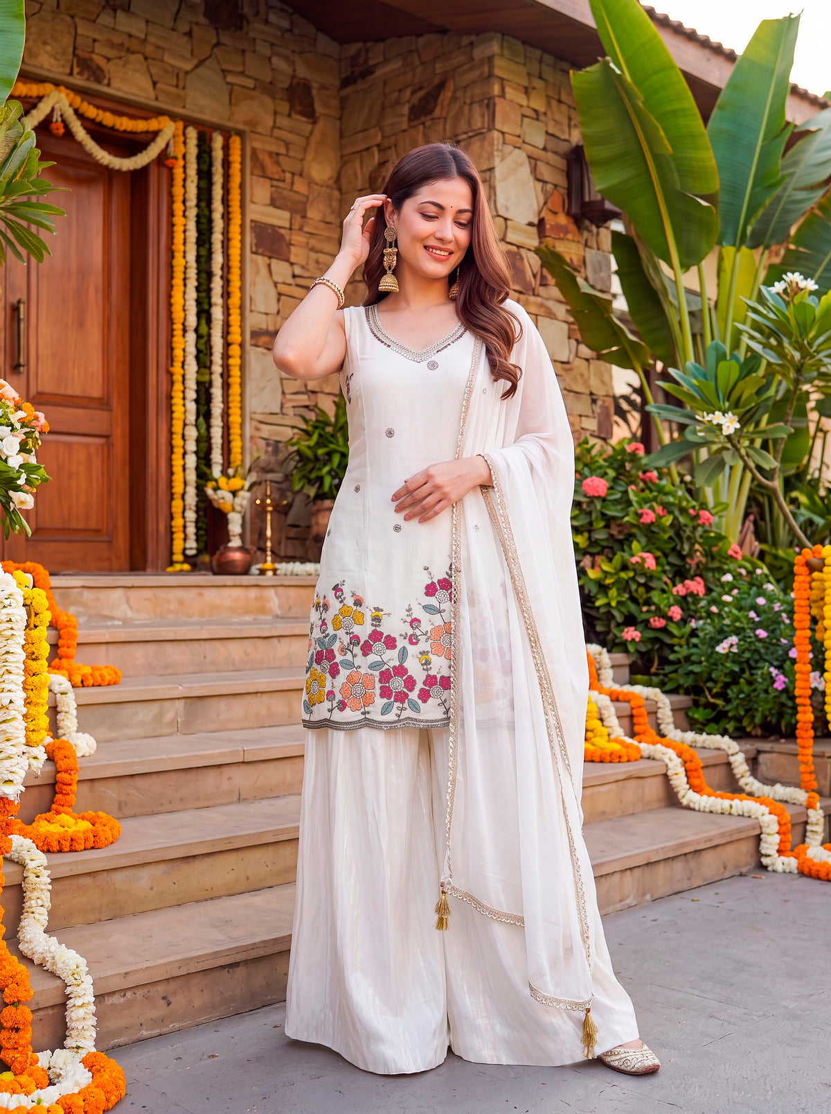 Anvi Pearl White Floral Ebroidered Suit Set