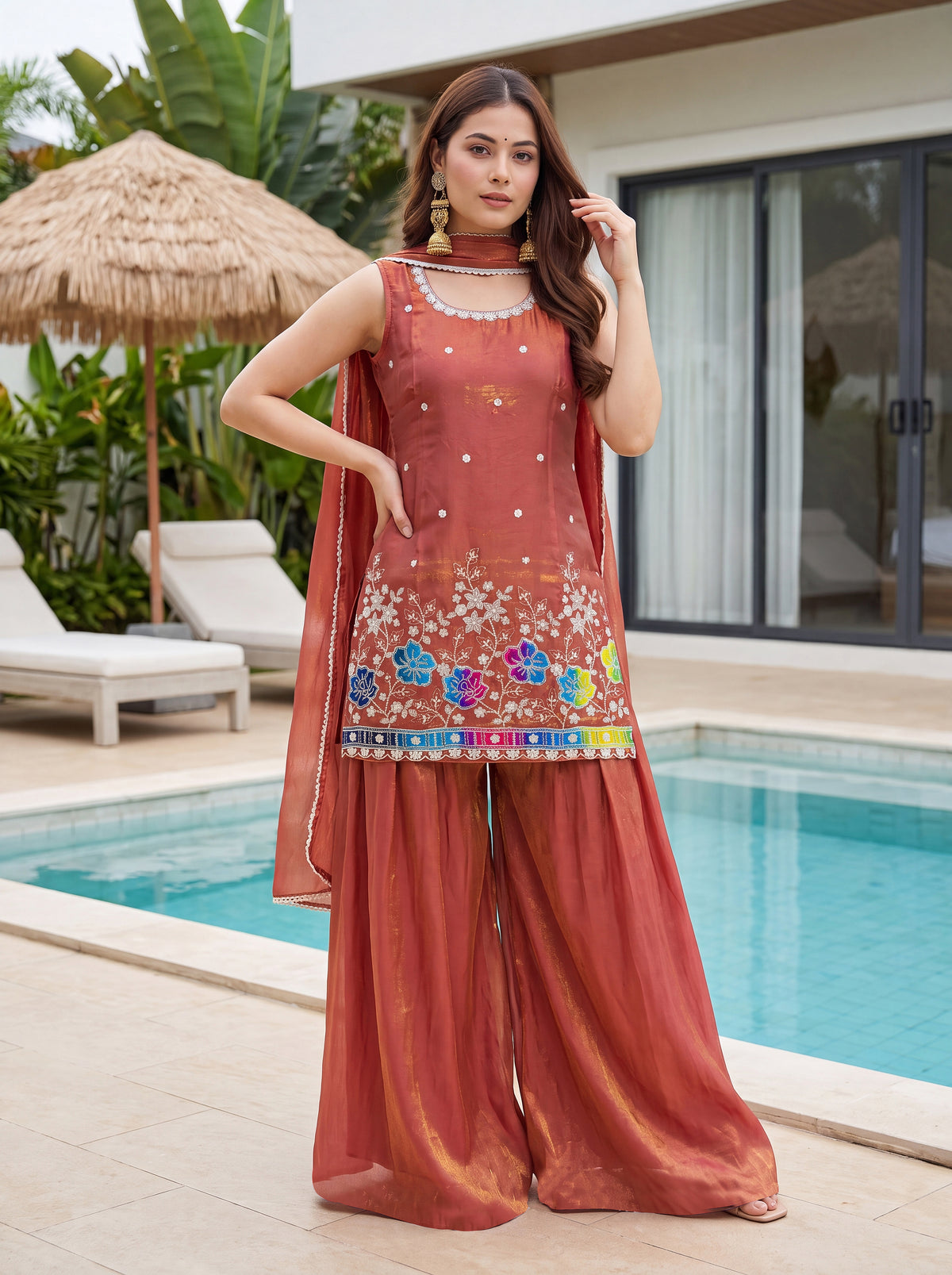 Vespera Rust Orange Floral Embroidered Sleeveless Sharara Set